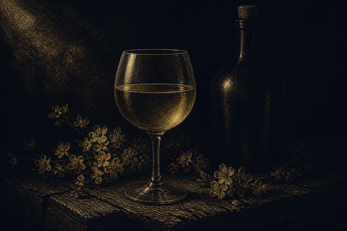 Grabado de una copa de hidromiel junto a una botella con corcho.