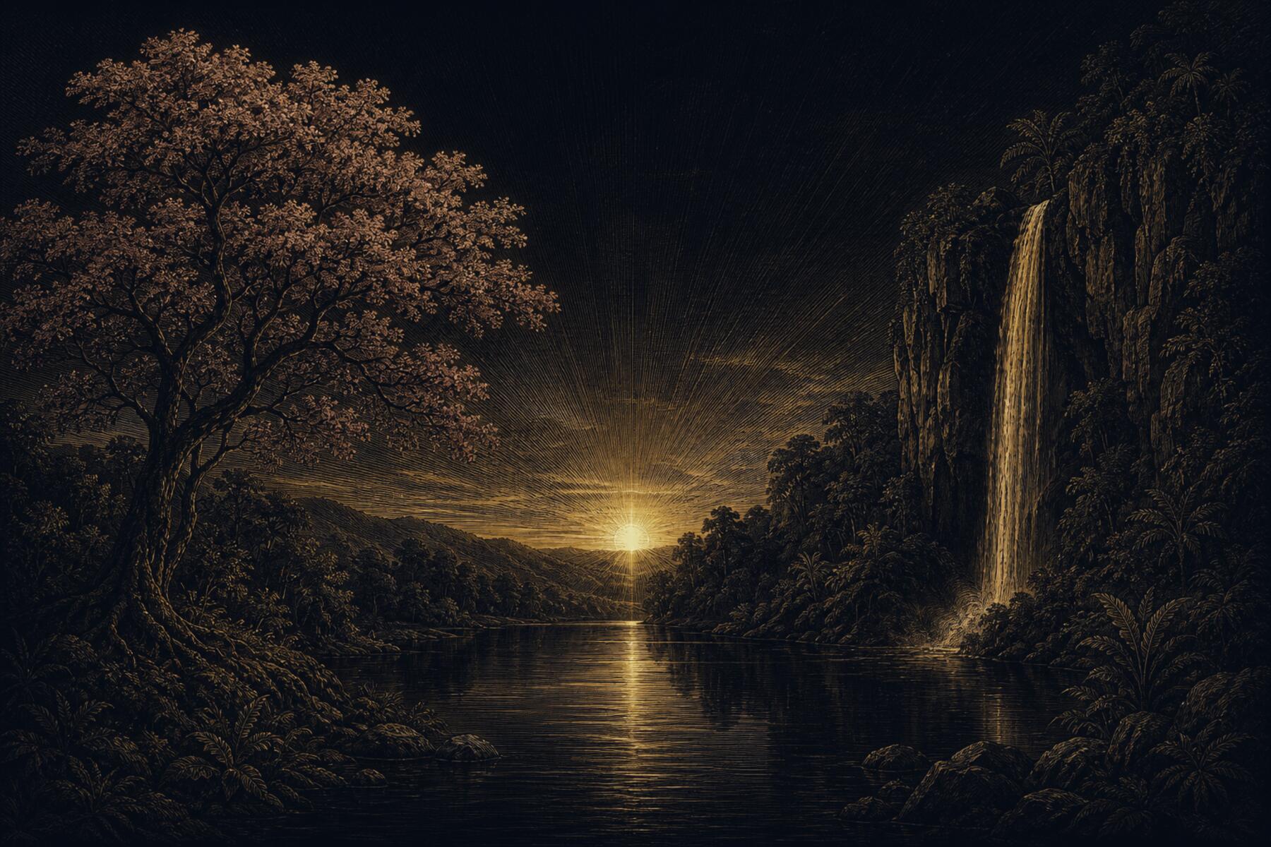 Valle paraguayo al amanecer: un lapacho en flor, un salto de agua y el río reflejando el sol.