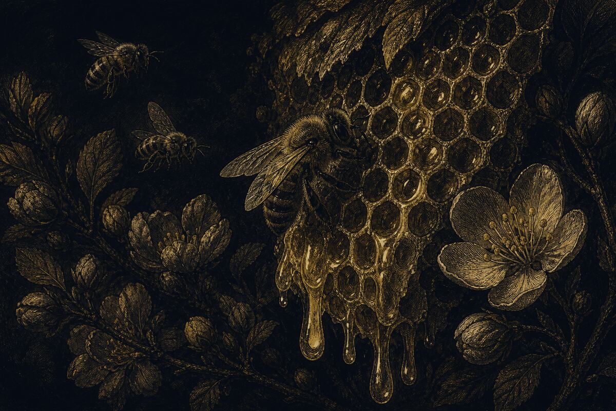 Grabado de una abeja sobre un panal que gotea miel, entre flores.