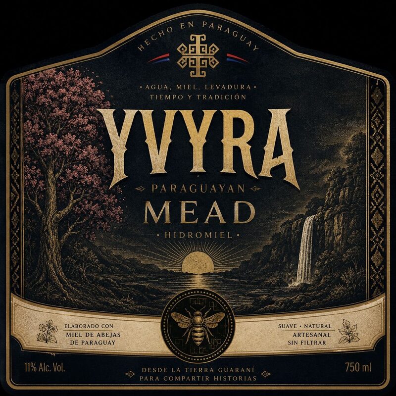 Etiqueta de Yvyra Hidromiel: grabado de un lapacho en flor y un salto de agua, con el emblema de la abeja.